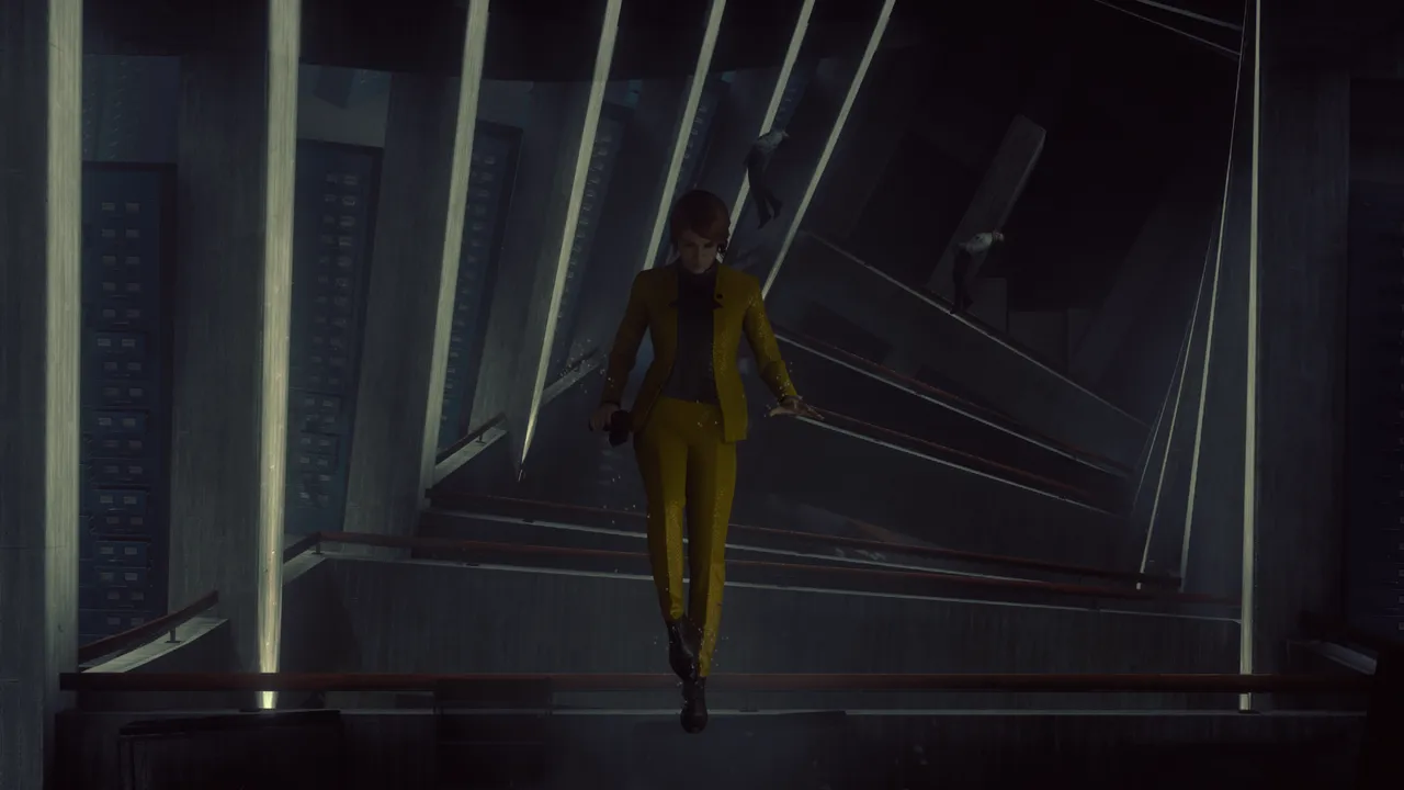 Jesse Faden, looking down, wears a yellow suit, floating at the mouth of a twisted hallway