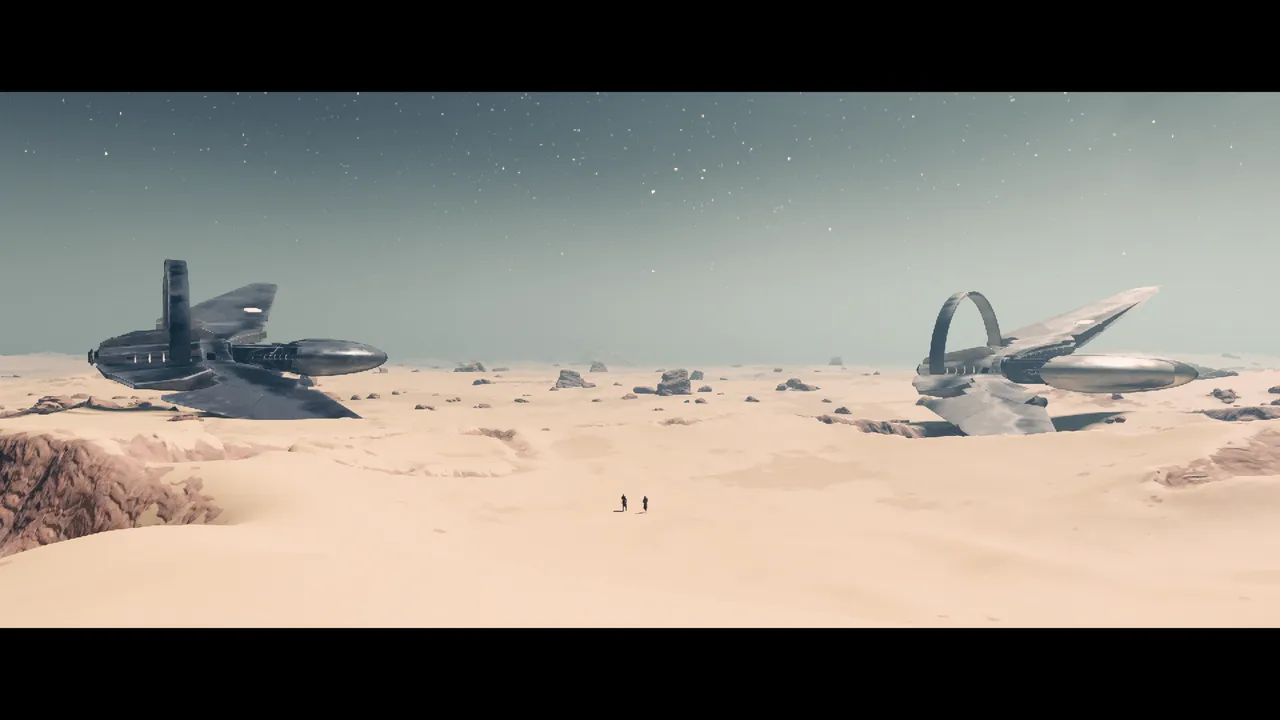 Two figures stand distant in the foreground of a desert planet, their two ships like sentinels on the horizon