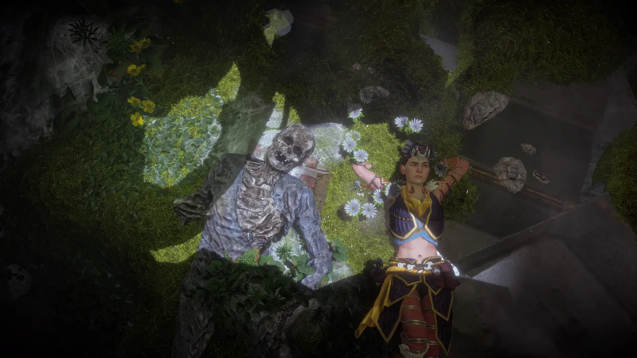 Aloy is laying next to a skeleton. Both are gazing at the ceiling. 