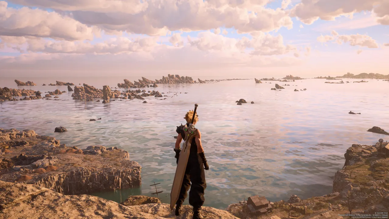 Cloud looking out into the horizon. He’s on a cliffside over water. 