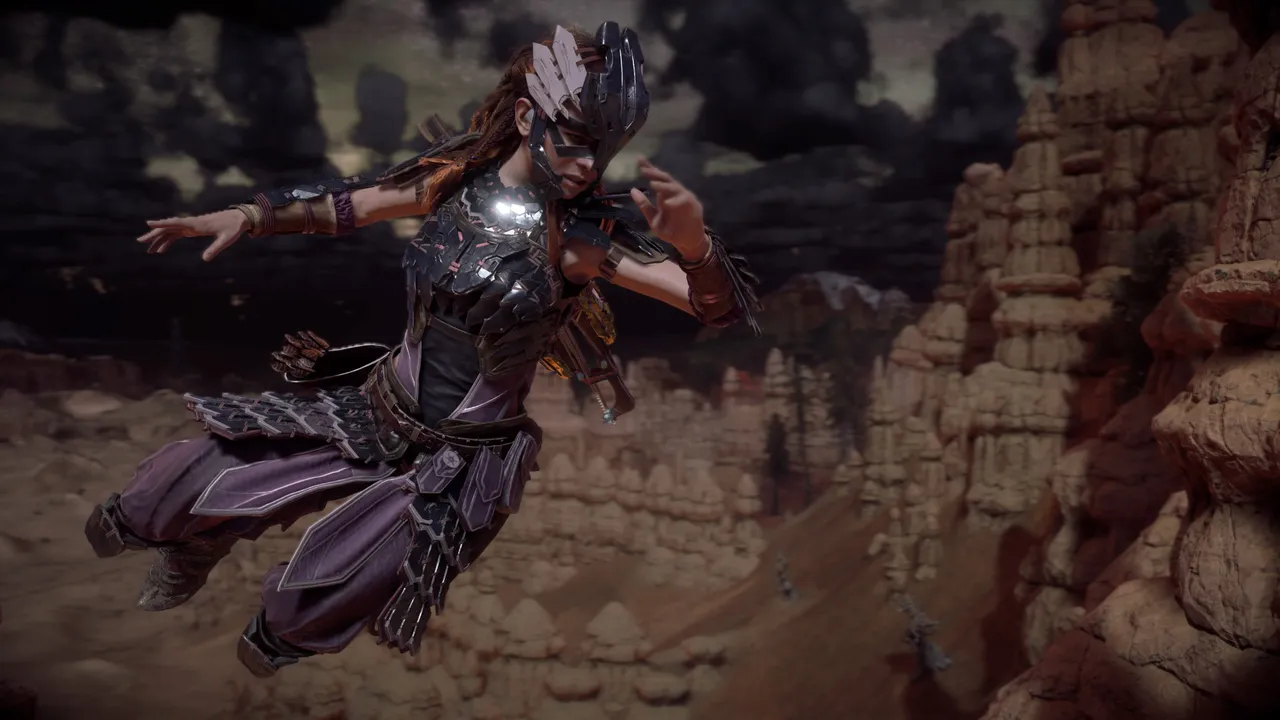 Aloy jumping at night from one cliff to another