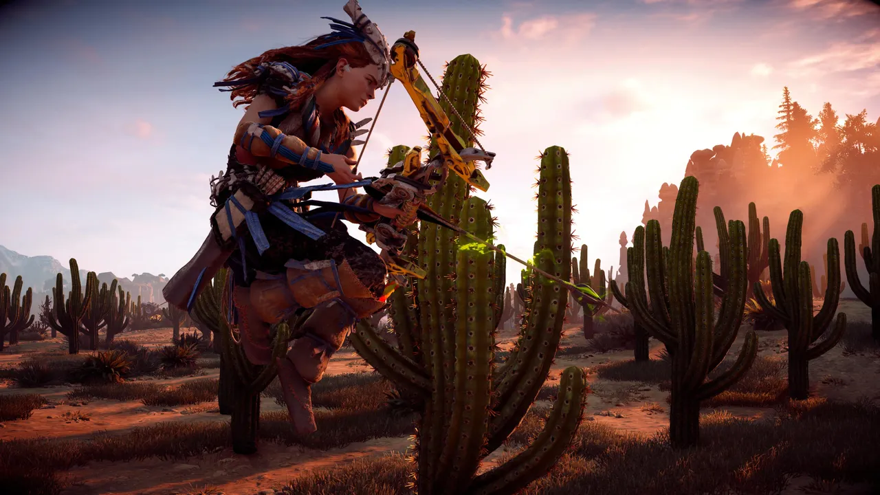 Aloy holding her arrow while leaping among some cacti. 
