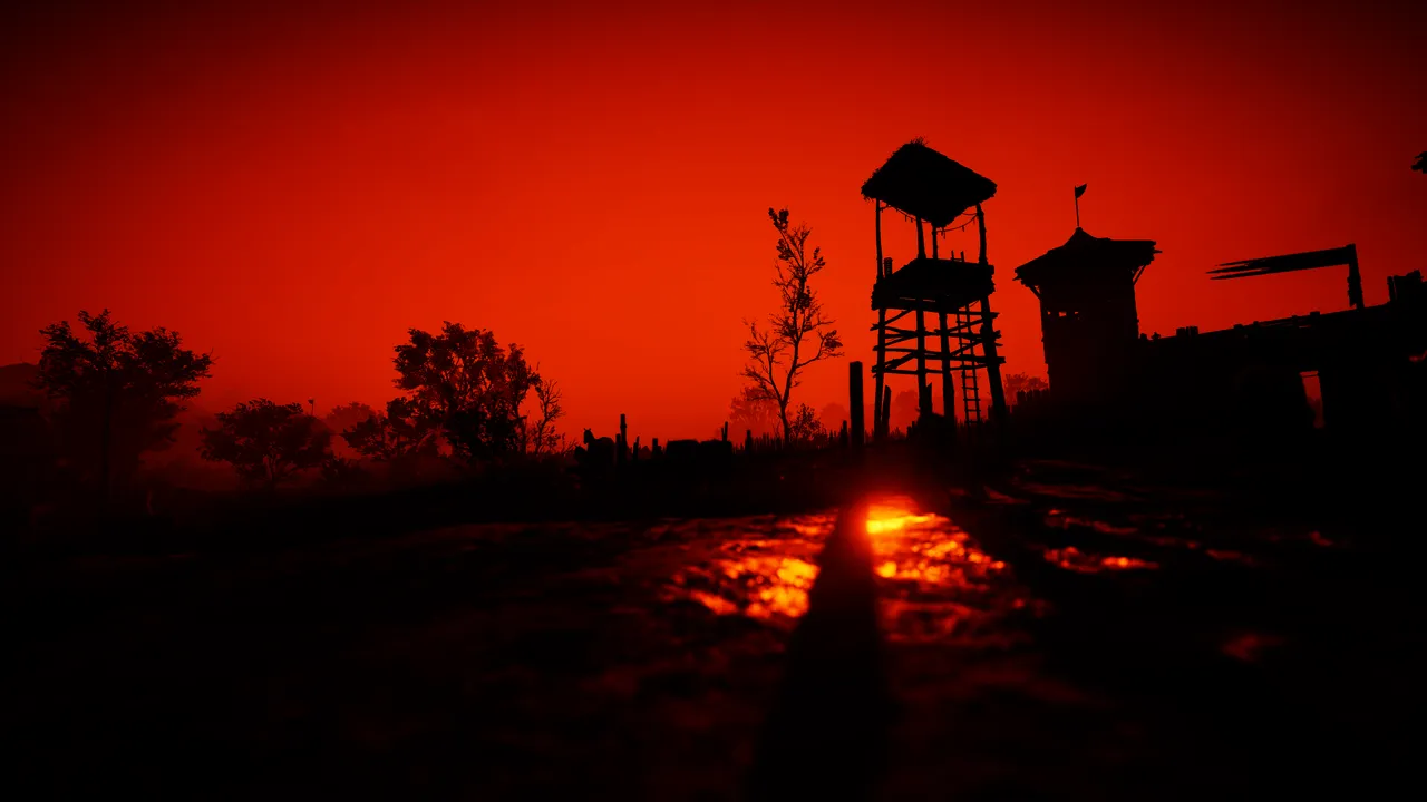 Red Sky with silhouetted trees and wooden fort.