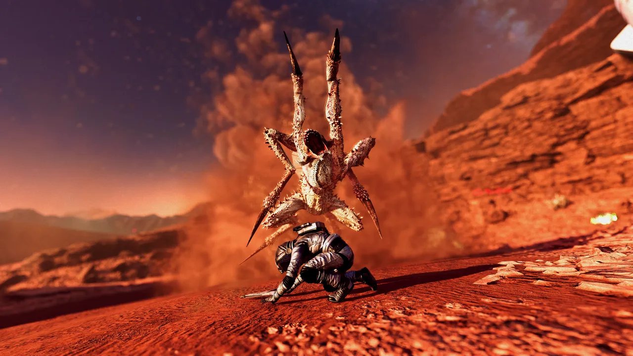 Person in Space Suit is being attacked by a large spider like alien erupting from the ground in a cloud of dirt.
