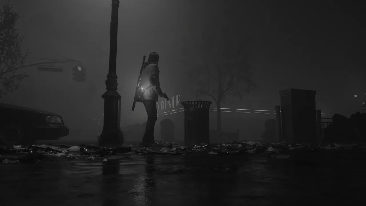 Alan Wake traversing the streets of the Dark Place.