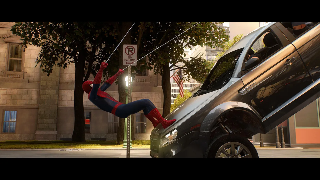 Spider-Man stopping a car.