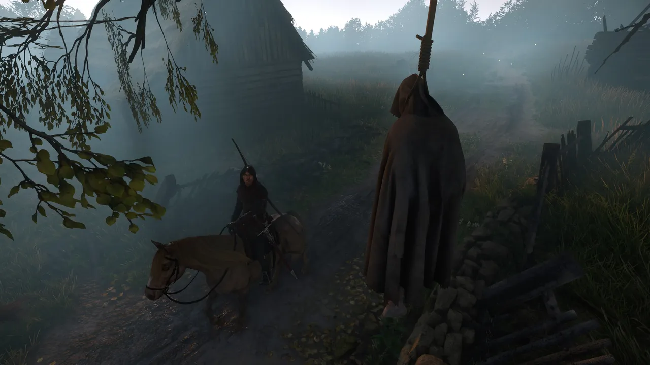 Henry riding past a hanged man