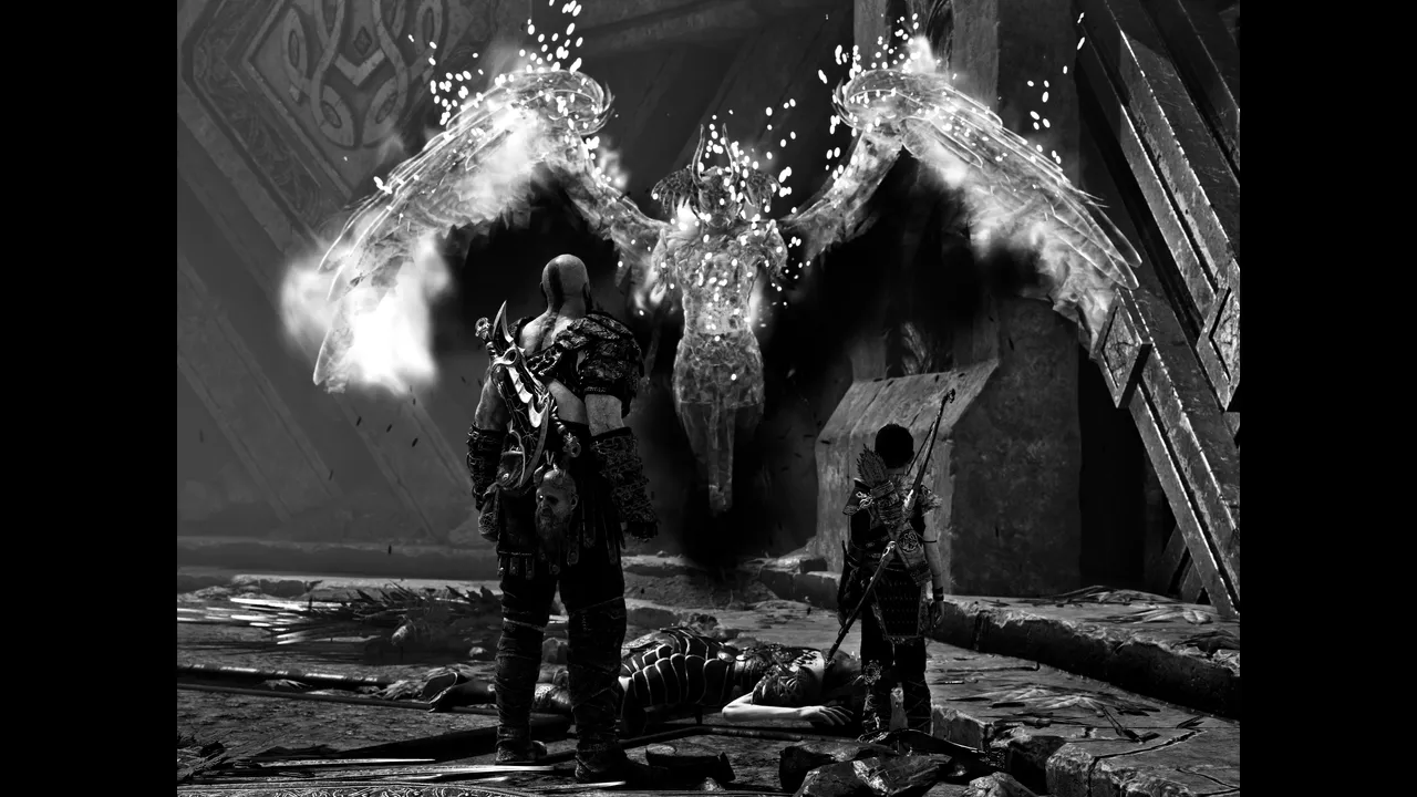 Rear shot of Kratos and Atreus standing over the corpse of Gunnr, talking with her free spirit