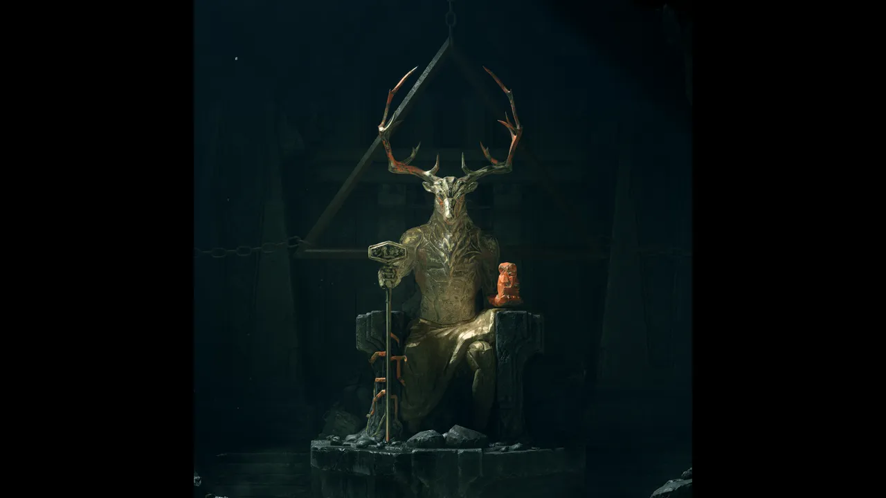 Portrait shot of Duraþrór, one of the 4 stags that chew on the branches of The World Tree, Yggdrasil