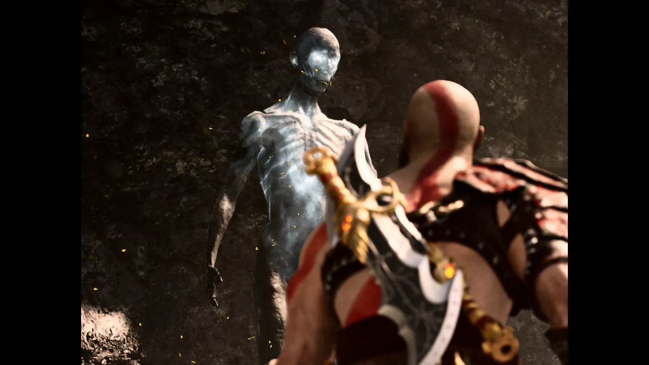 An out of focus Kratos, talking with a centre frame in-focus spirit