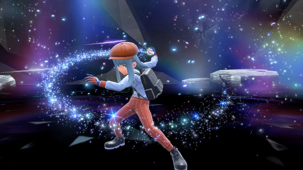 A trainer in a dramatic pose holding a glittering pokeball at the end of a Tera Raid.