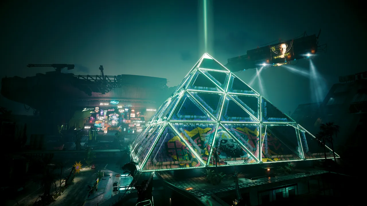 The Heavy Hearts pyramid in Dogtown, lighting the sky with its beacon.