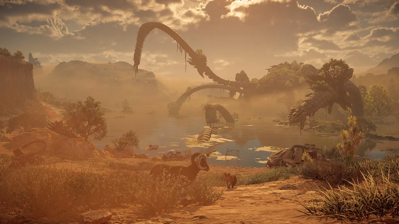 A fox and a bighorn sheep on the shore next to a destroyed Titan