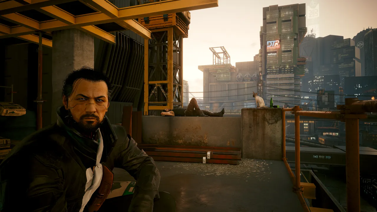 Takemura and Johnny relaxing with a cat on top of a Night City construction site.