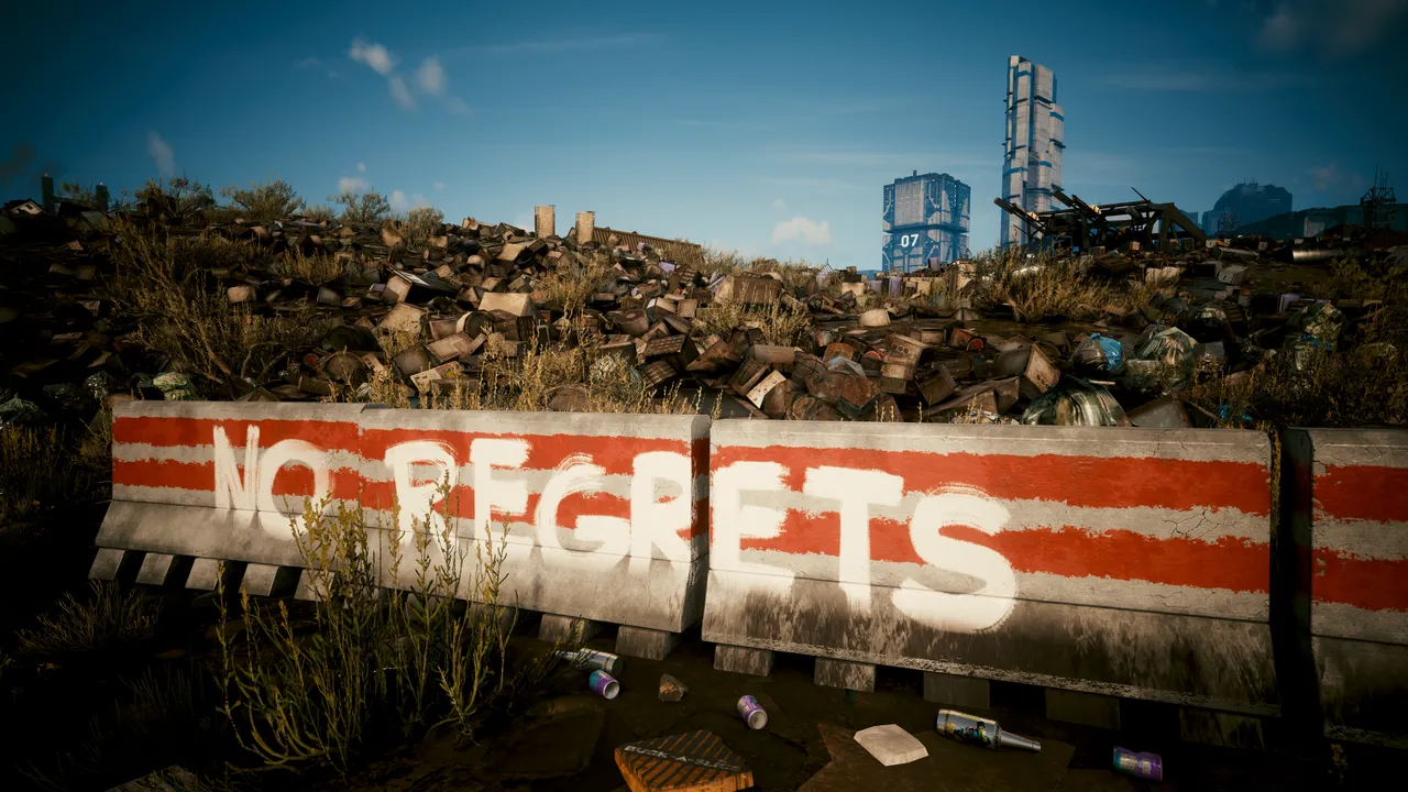 'No Regrets' grafitti in front of Night City's landfill