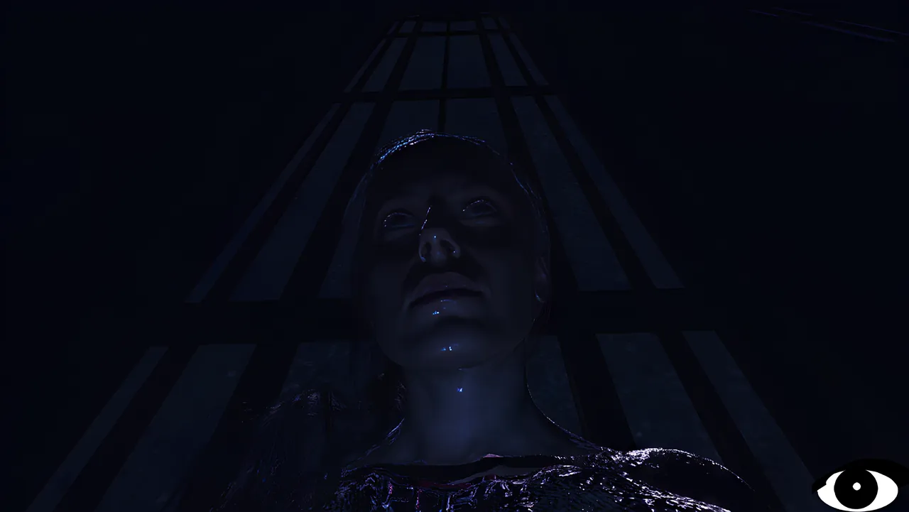 Lighting with a cold color temperature light source face up on the character's face.