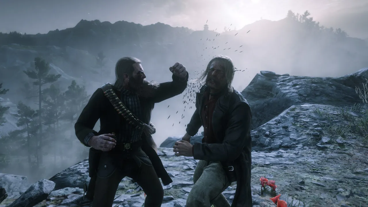 Arthur Morgan nails Micah Bell with a left hook.