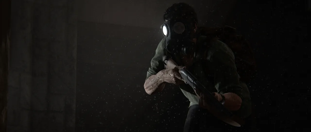 Joel wearing a mask with his shotgun at the ready