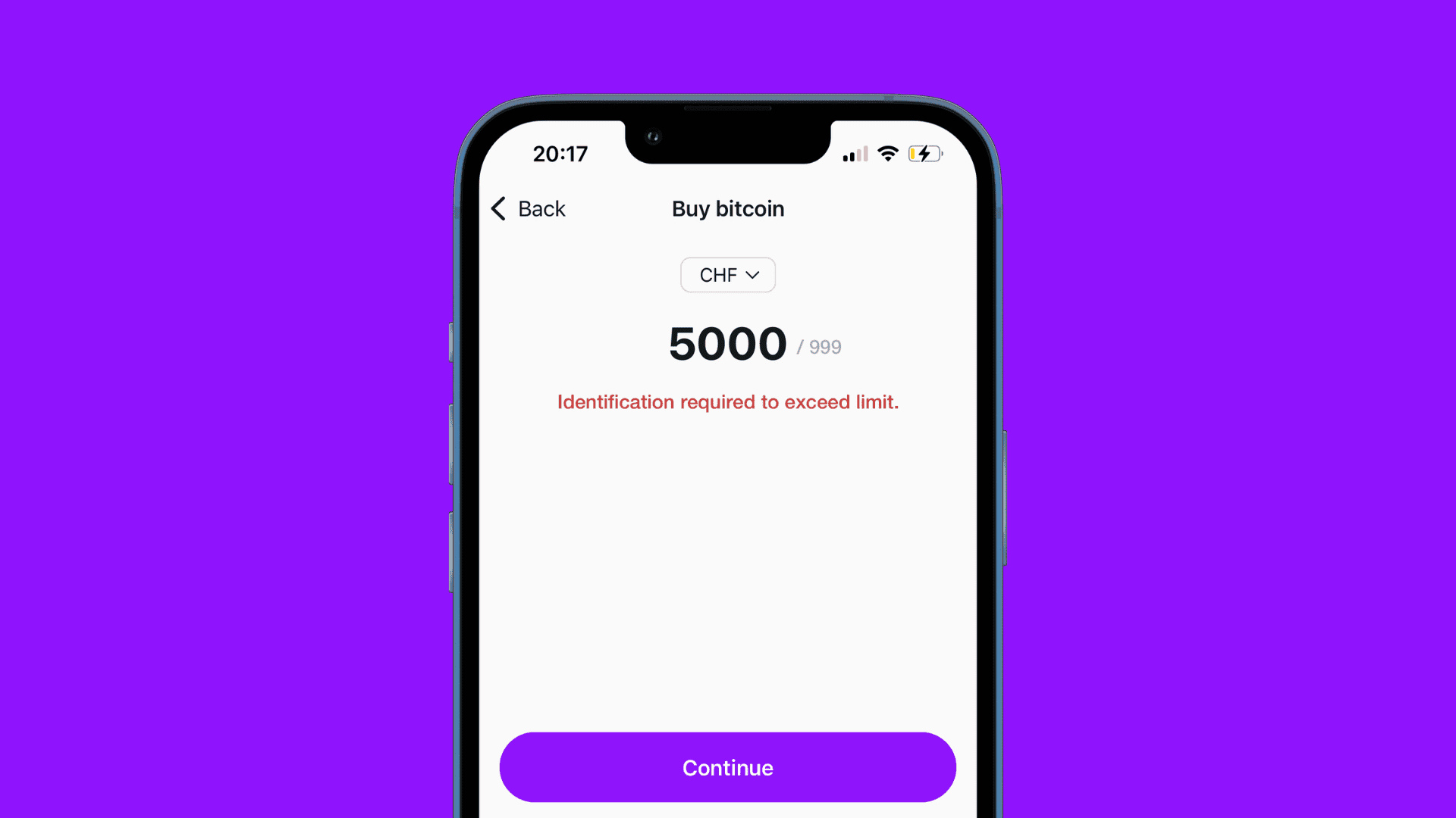 Bitcoin-Kaufbildschirm der Pocket App, der mitteilt, dass ein Kauf von CHF 5000 das verfügbare Limit von CHF 999 überschreitet und eine Identifizierung erforderlich ist, um fortzufahren.