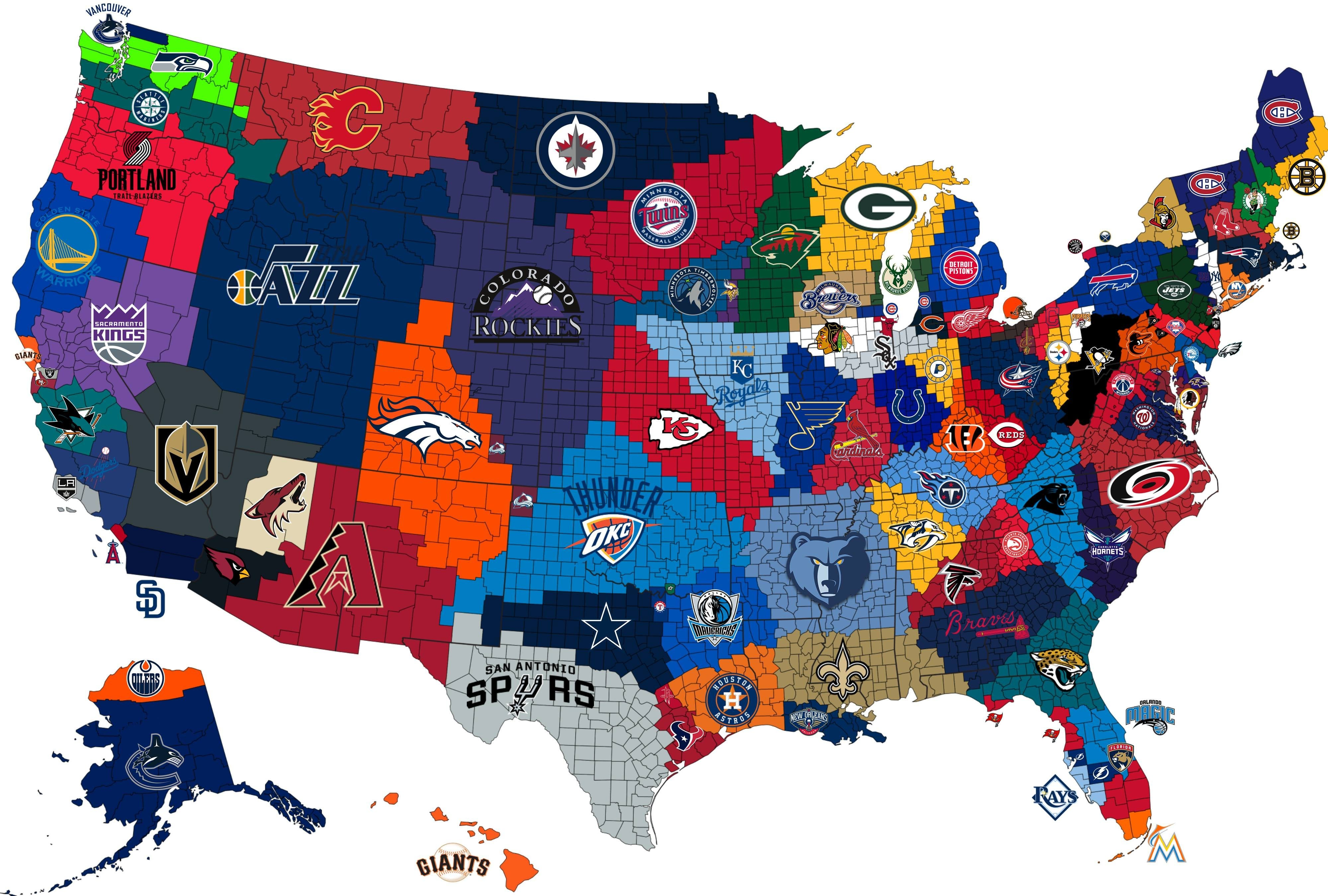 The Closest Big 4 Pro Sports Team to Each US County (NHL/NFL/MLB/NBA)