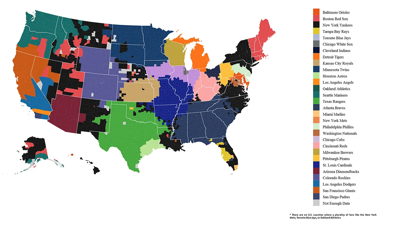 MLB teams with the most Facebook likes in each county