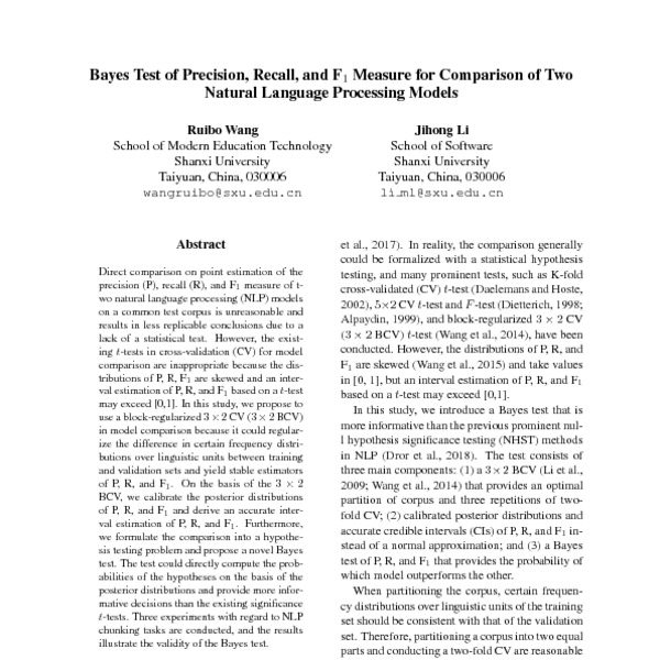 Accuracy, Precision, Recall, and F1-score, Bayes Test of Precision, Recall, and F1 Measure for Comparison of Two Natural Language ...