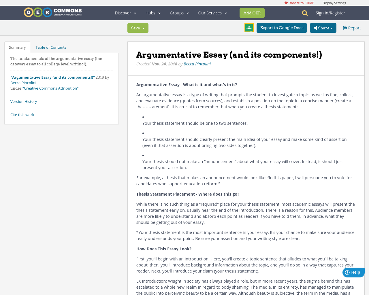 Components of advanced essay structures, Argumentative Essay (and its components!) | OER Commons