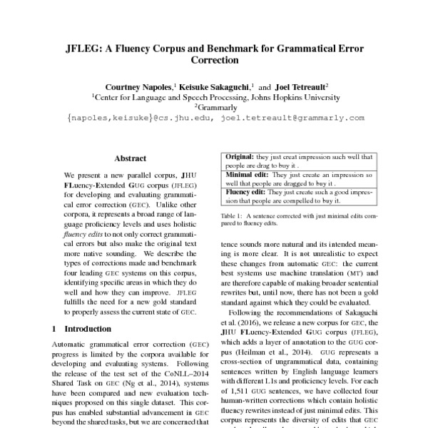 Correction of complex grammatical errors, JFLEG: A Fluency Corpus and Benchmark for Grammatical Error Correction - ACL Anthology