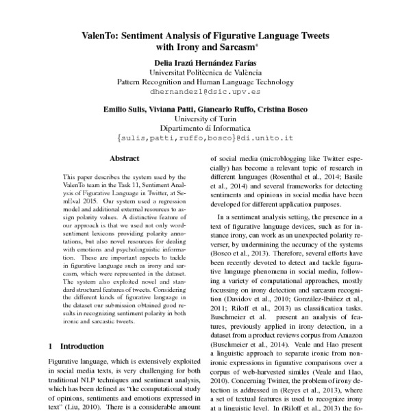Creating Tone Through Language, ValenTo: Sentiment Analysis of Figurative Language Tweets with Irony and Sarcasm - ACL Anthology