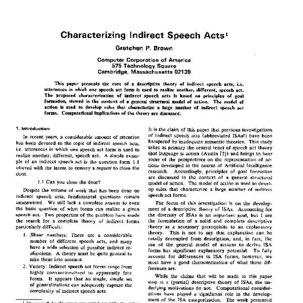 Direct vs indirect speech acts, Characterizing Indirect Speech Acts - ACL Anthology