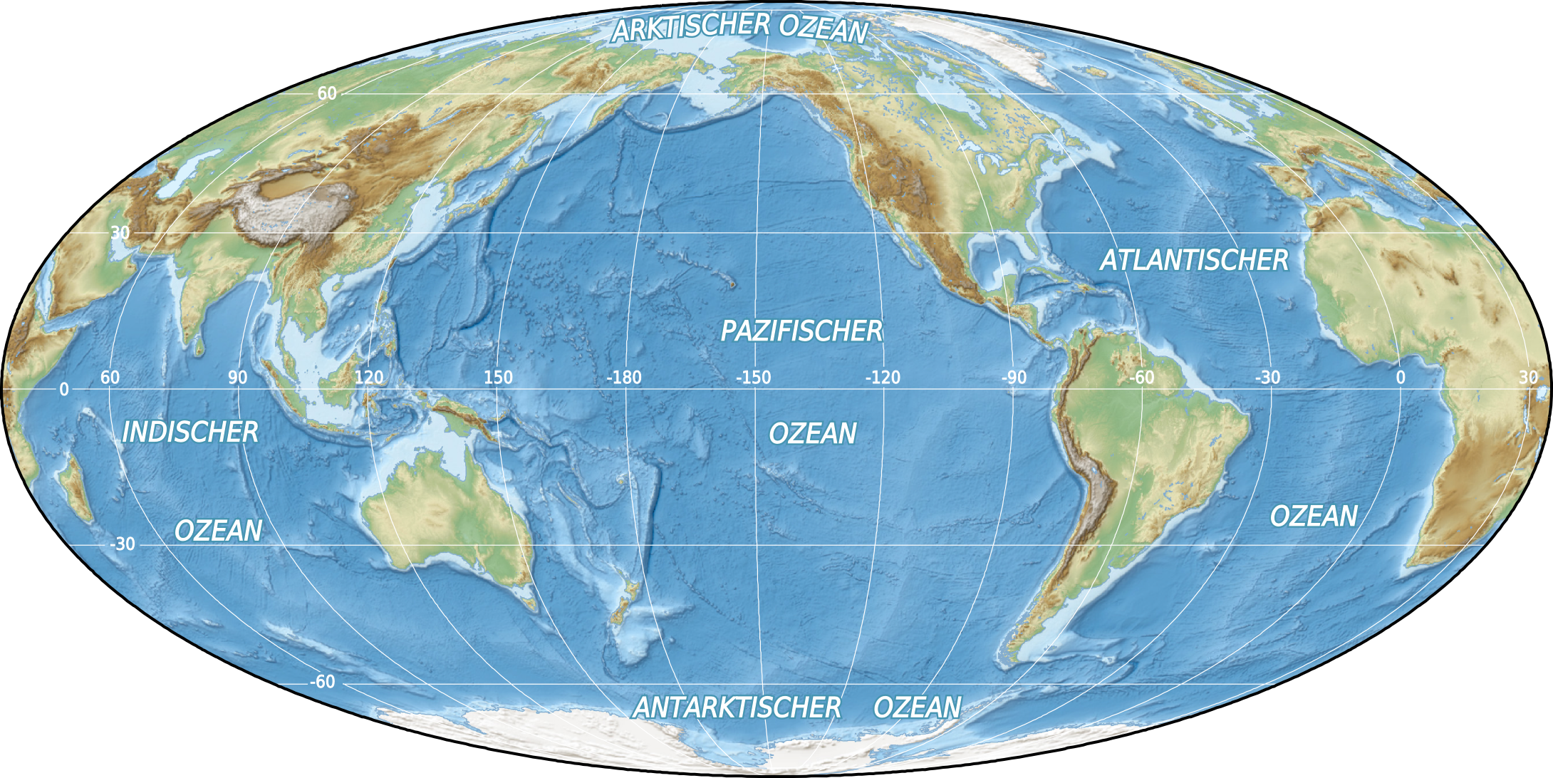 The Five Major Ocean Basins, File:World oceans map mollweide de.png - Wikimedia Commons