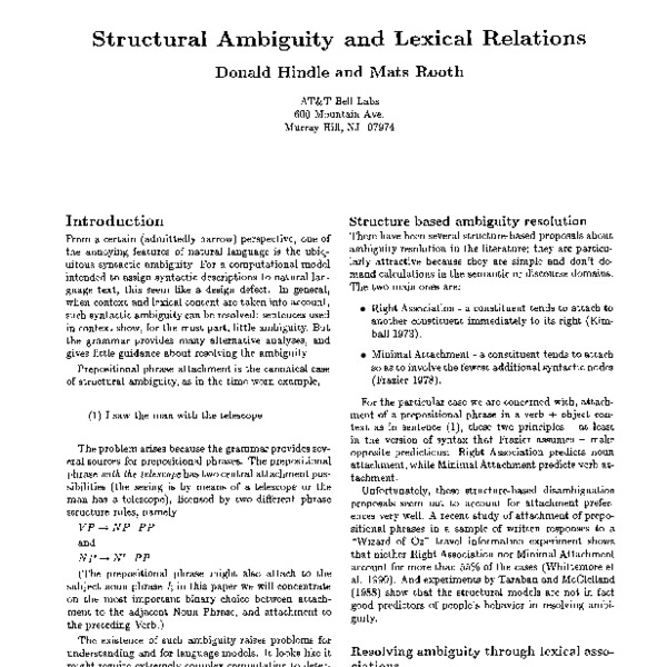 Lexical vs structural ambiguity, Structural Ambiguity and Lexical Relations - ACL Anthology