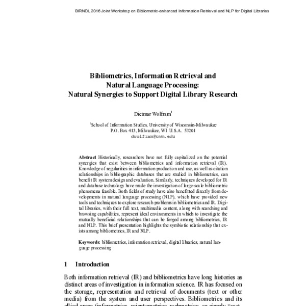 Passage Retrieval Technique, Bibliometrics, Information Retrieval and Natural Language Processing: Natural Synergies to ...