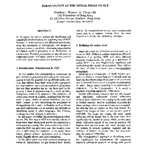 Tokenization, Tokenization as the Initial Phase in NLP - ACL Anthology