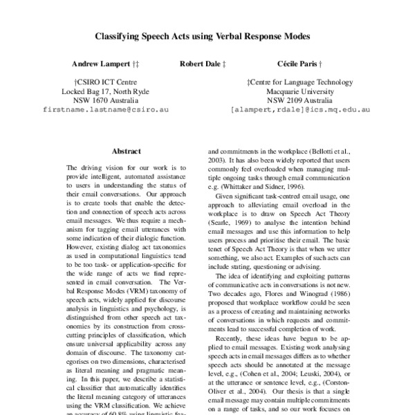Types of speech acts, Classifying Speech Acts using Verbal Response Modes - ACL Anthology