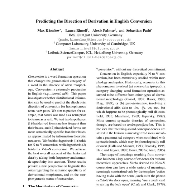Word formation processes in English, Predicting the Direction of Derivation in English Conversion - ACL Anthology