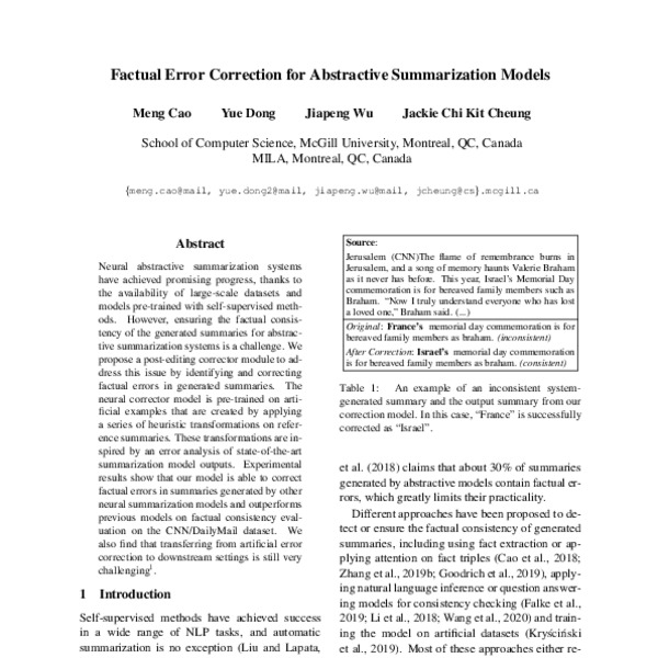 Factual inaccuracies, Factual Error Correction for Abstractive Summarization Models - ACL Anthology