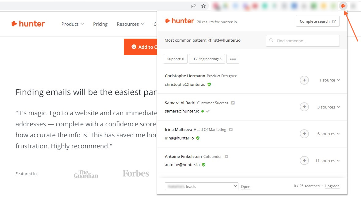 Hunter Chrome extension in action