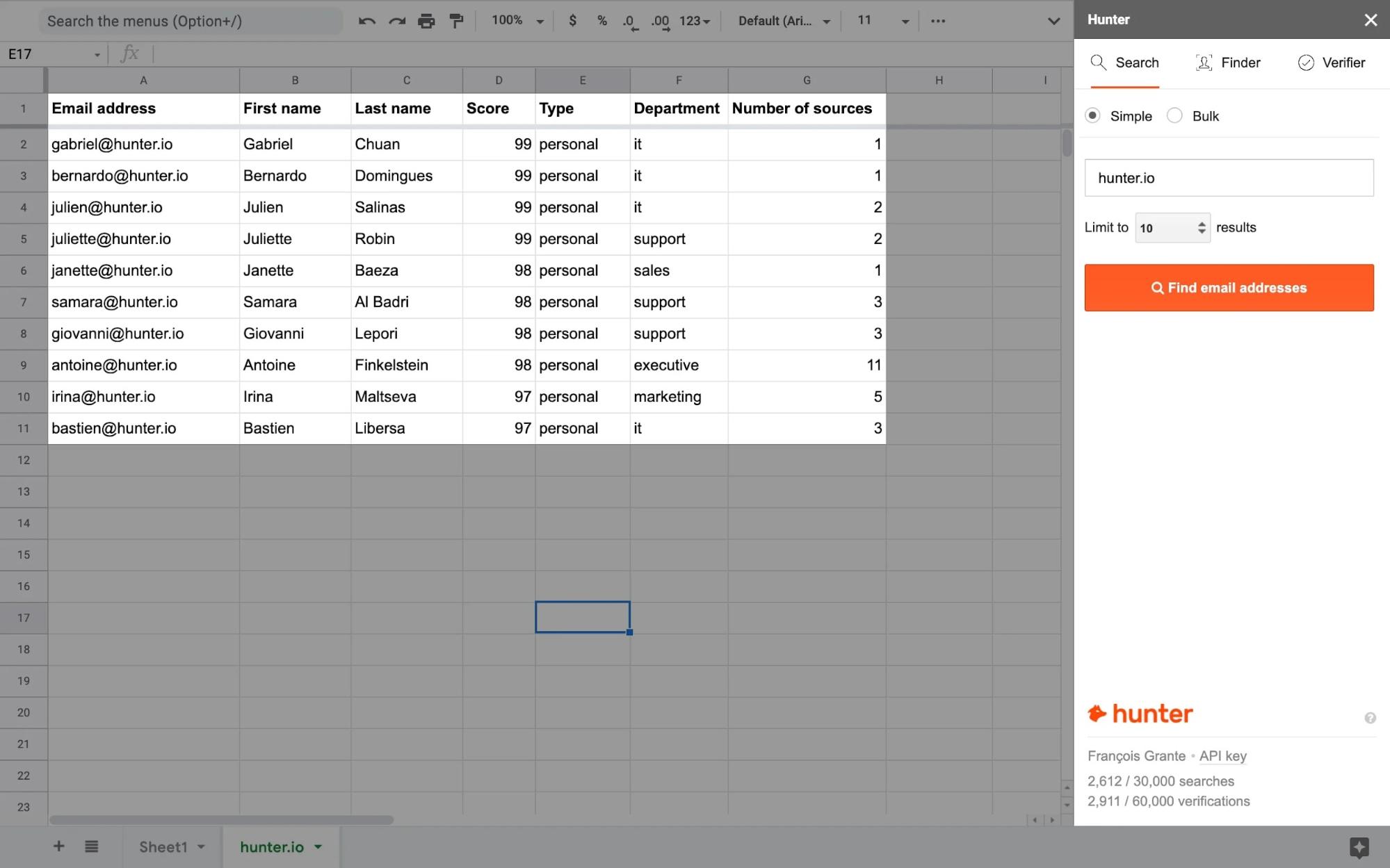 Hunter Google Sheets add-on