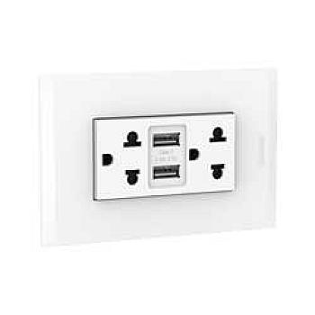 Toma Duplex Combi  2P+T universal 16A-250V + 2 USB tipo A blanco c/placa blanco