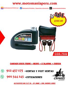 CANDADO DISCO FRENO - NEGRO - C/ALARMA + CUERDA ROJA