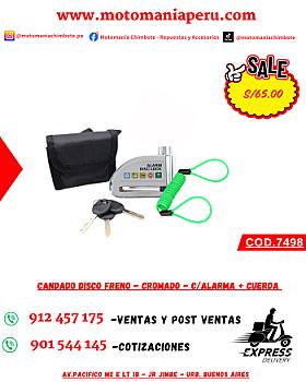 CANDADO DISCO FRENO - CROMADO - C/ALARMA + CUERDA VERDE