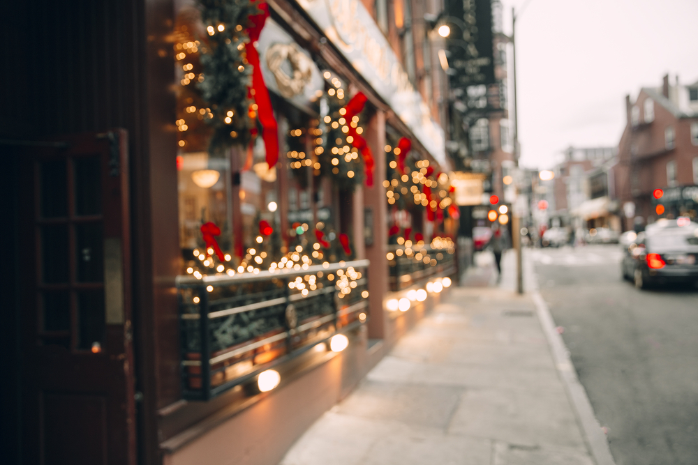 Christmas lights, Christmas decorations on the street. blurred background city street with Christmas illuminations. Copy space for your text