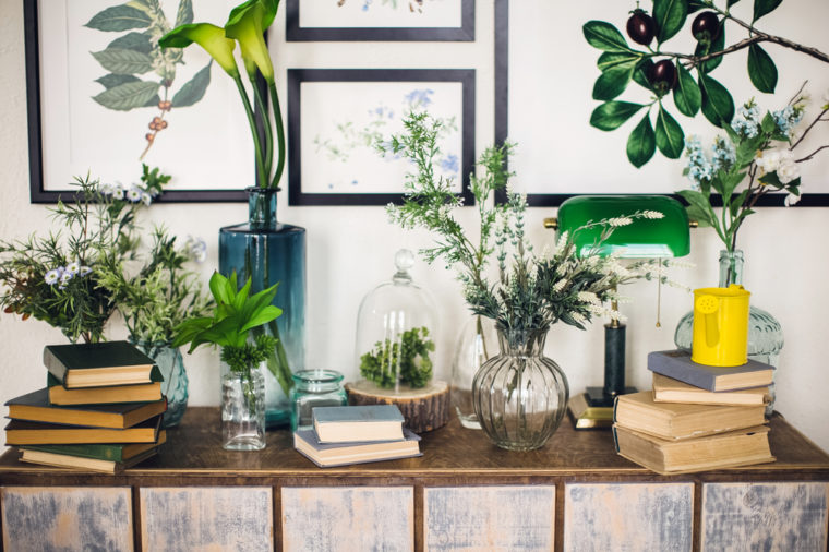 A pile of books on a wooden chest of drawers, on a light background, together with plants, greens in vases, a home greenhouse, plant paintings, botanical illustrations