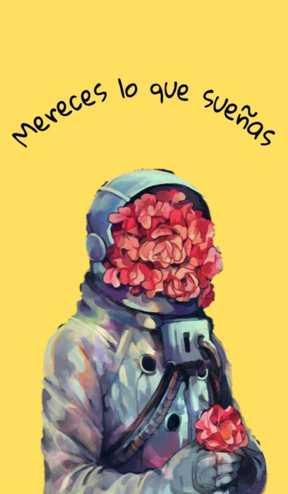 Fondo de pantalla de frases para celular; wallpaper de astronauta con flores en el casco