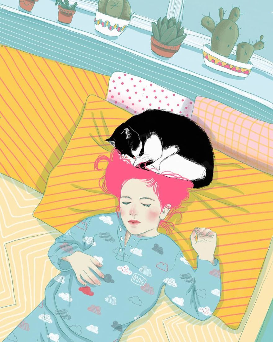 Italian Illustrator Shows In Sweet Illustrations That Even Cats Being Independent, They Can Be His Best Friends