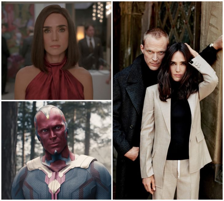 Jennifer Connelly y Paul Bettany abrazados, posando para una fotografía familiar