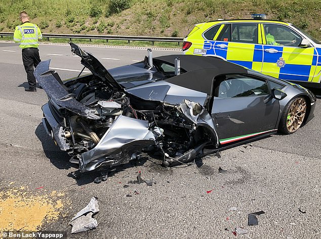 The Lamborghini Huracan, pictured, broke down in the fast lane of the M1 in Wakefield, west Yorkshire yesterday only 20 minutes after the owner picked up the car