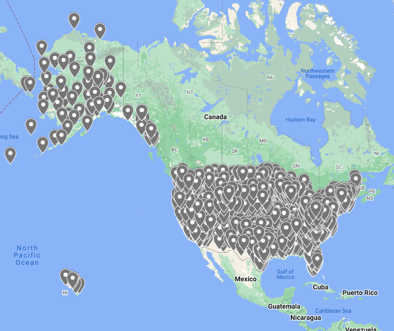 Weather data map showing locations of weather stations across the United States