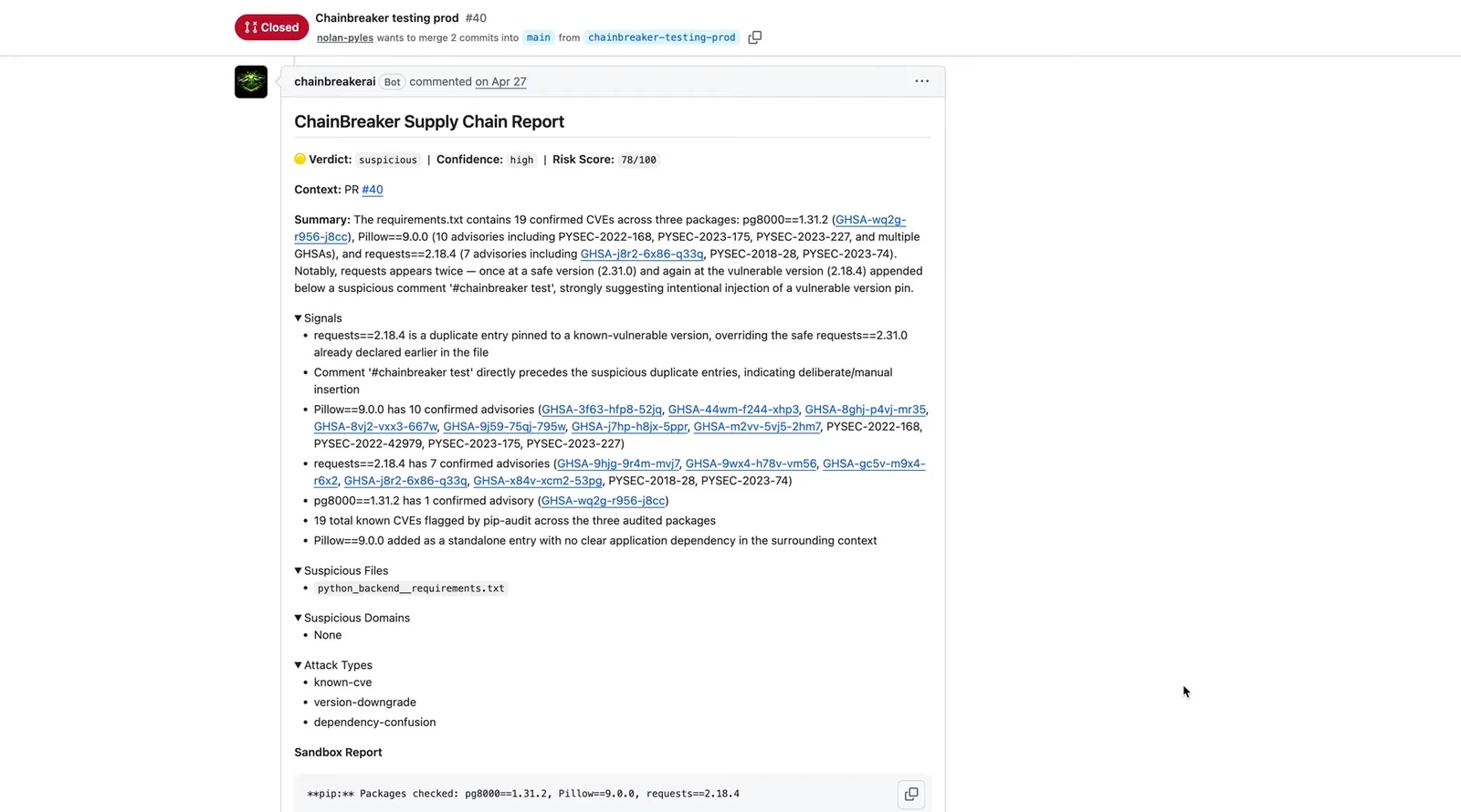ChainBreaker Supply Chain Report with vulnerabilities listed.